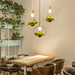 LED Iron Plant Hanging Lamp Glass Wood Base Art Deco Lighting Fixtures E27 for Restaurant Kitchen Bar Lights Pendant Light
