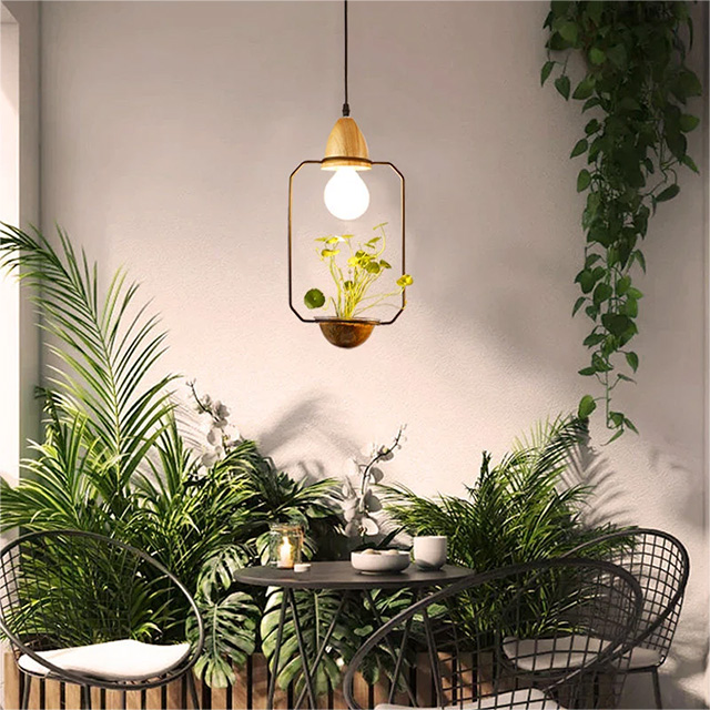 LED Iron Plant Hanging Lamp Glass Wood Base Art Deco Lighting Fixtures E27 for Restaurant Kitchen Bar Lights Pendant Light