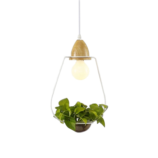 LED Iron Plant Hanging Lamp Glass Wood Base Art Deco Lighting Fixtures E27 for Restaurant Kitchen Bar Lights Pendant Light